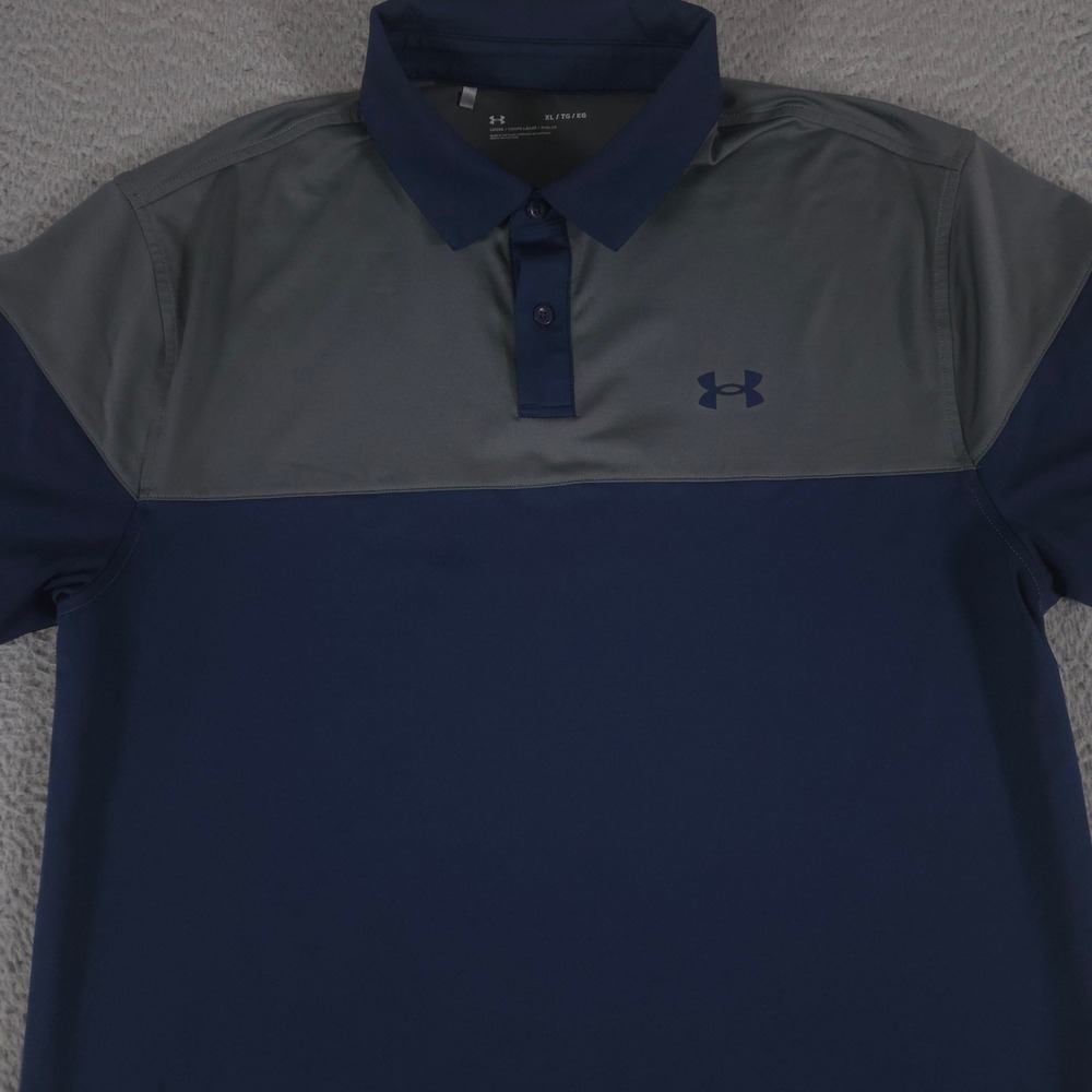 Under Armour Polo Shirt Mens‎ XL Navy Blue Grey Tee To Green Blocked Performance